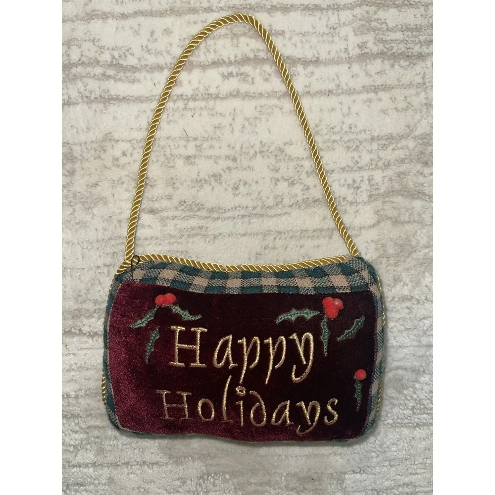 Mini Burgundy Velvet Happy Holidays Christmas Door Hanger Pillow Gold Cord Trim